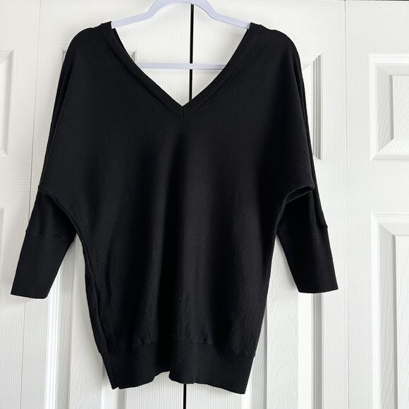 Banana Republic Sweater Size M Black Merino Wool Double V-Neck - Picture 3 of 8